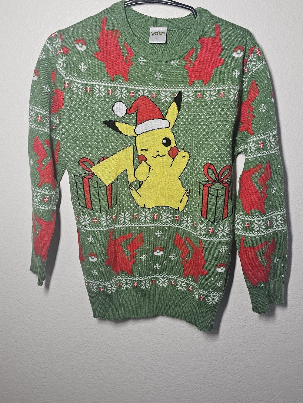 Pokemon Green Holiday Pikachu Sweater with Red Accents
